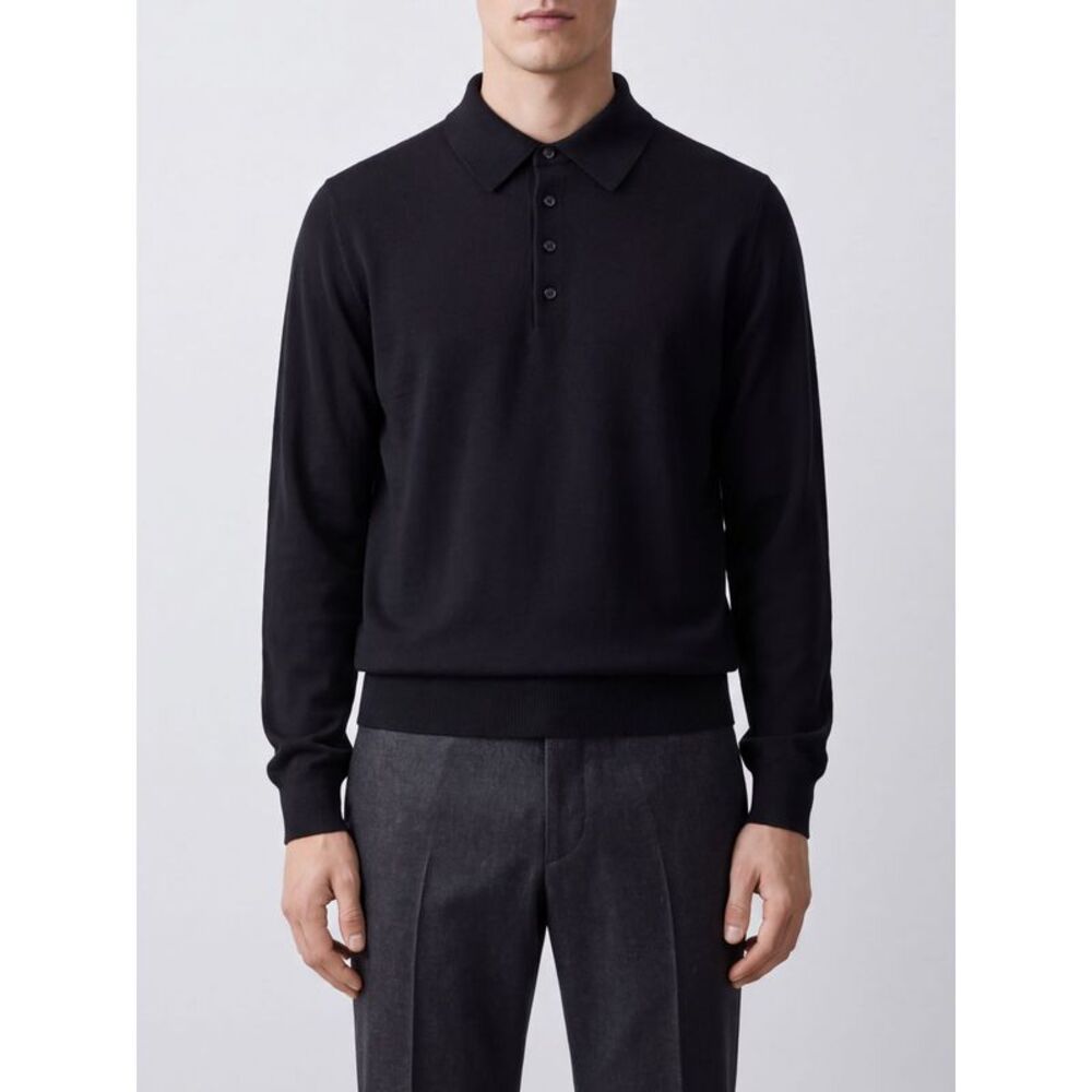 Tom Ford Men Tom Ford Long-Sleeved Wool Knit Polo Shirt With Ribbed Trims